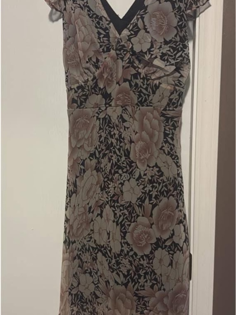 Floral V-Neck Midi Dress in Black and Beige